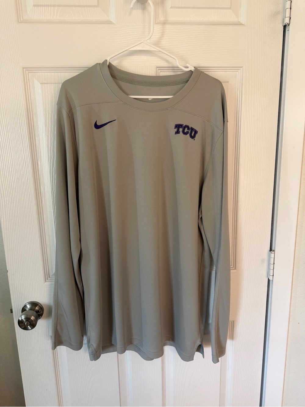 Nike Gray Long Sleeve TCU Athletic Shirt with Embroidered Logo and Nike Swoosh